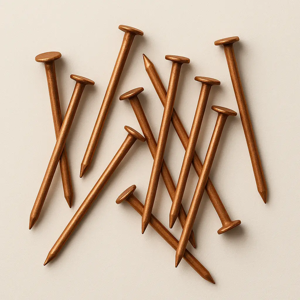 Close-up of multiple copper roofing nails scattered on a neutral background, highlighting their smooth shafts and wide heads designed for durability and corrosion resistance.