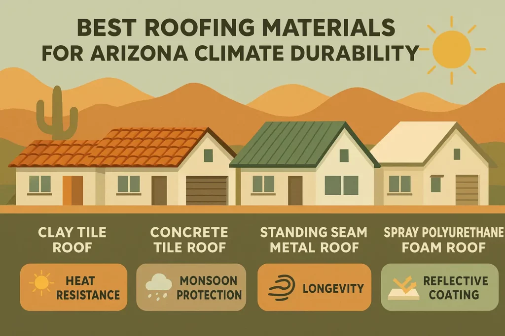 Illustration showing four houses with different roof types—clay tile, concrete tile, standing seam metal, and spray polyurethane foam—each labeled with its durability benefit such as heat resistance, monsoon protection, longevity, and reflective coating, against a desert mountain background.