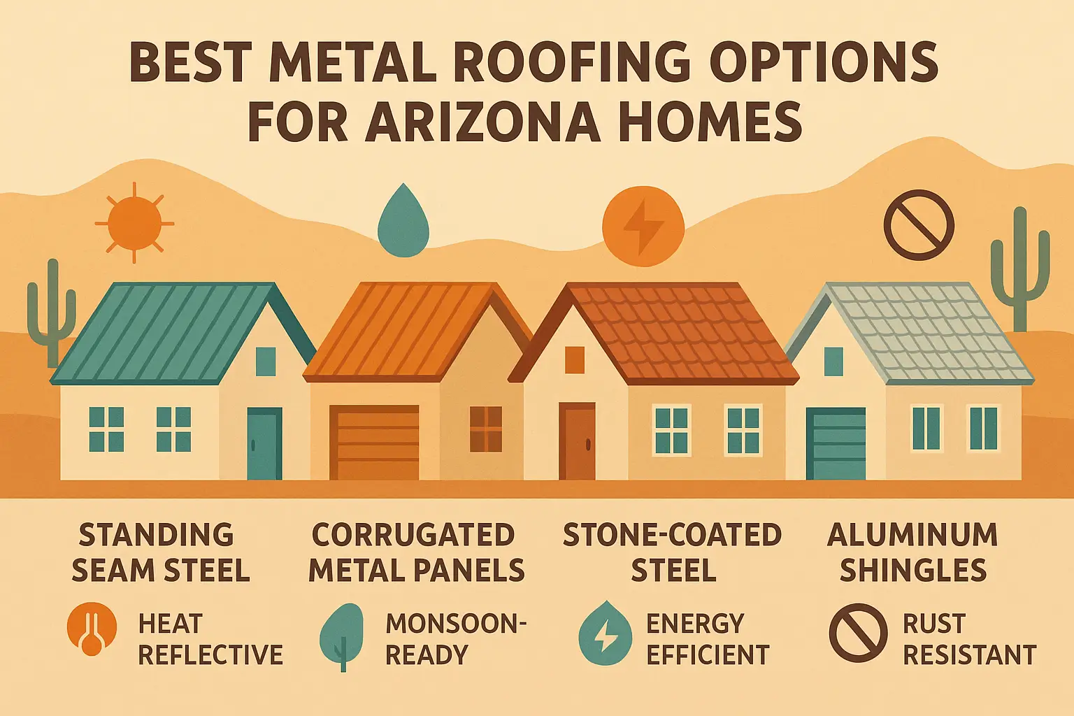 Illustration of four houses under different types of metal roofs—standing seam steel, corrugated metal panels, stone-coated steel, and aluminum shingles—each labeled with icons for heat reflection, monsoon readiness, energy efficiency, and rust resistance, with desert scenery in the background.