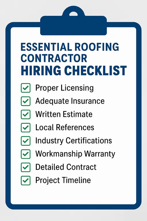 Essential roofing contractor hiring checklist with key points like licensing, insurance, warranties, and contracts