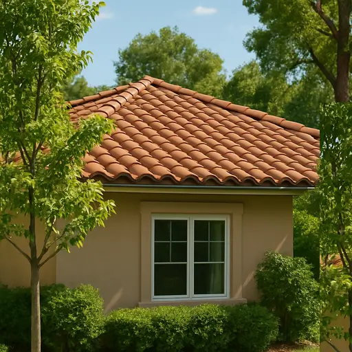 Close-up of a Mediterranean-style home with a reddish-brown clay tile roof surrounded by lush green trees and shrubs under a clear blue sky.