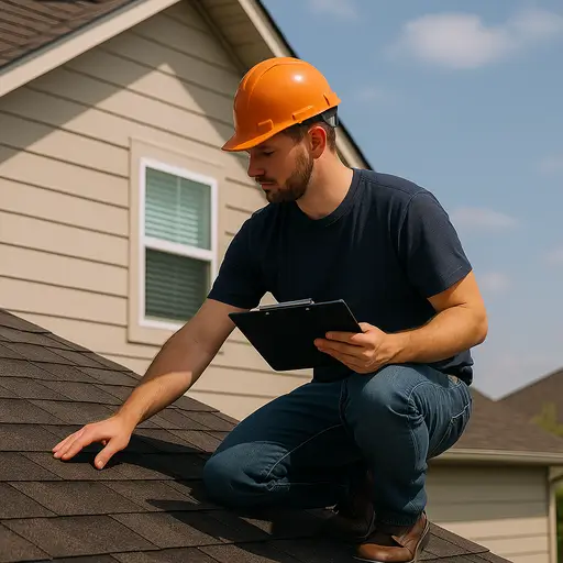 Roofing contractor in an orange hard hat inspecting dark asphalt shingles on a residential roof while holding a clipboard under a clear blue sky.