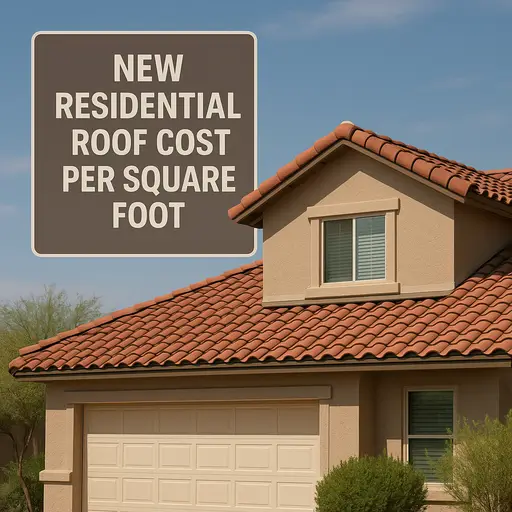 Southwestern-style Arizona home with a red clay tile roof and beige stucco walls, featuring a bold headline reading ‘New Residential Roof Cost Per Square Foot’ against a blue desert sky.